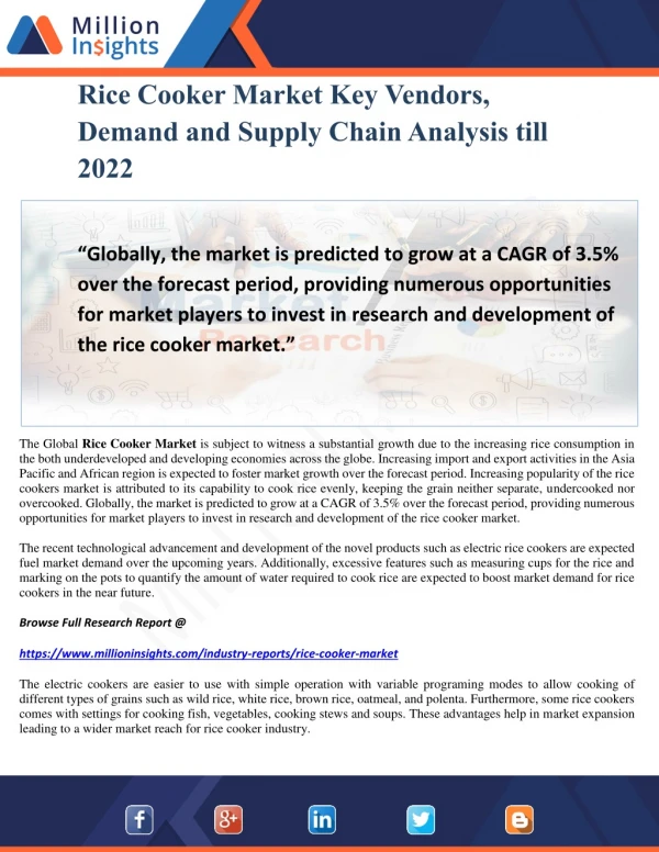 Rice Cooker Market Key Vendors, Demand and Supply Chain Analysis till 2022