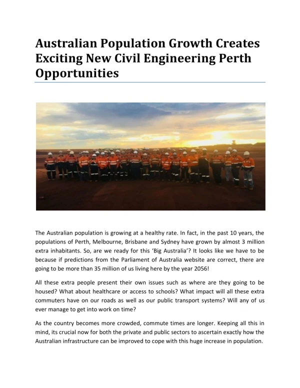 Australian Population Growth Creates Exciting New Civil Engineering Perth Opportunities
