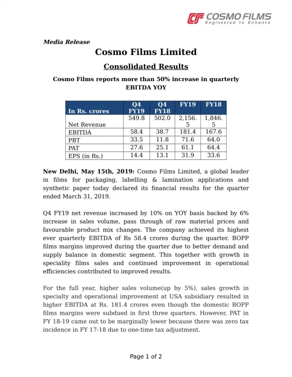 Cosmo Films Limited Consolidated Results