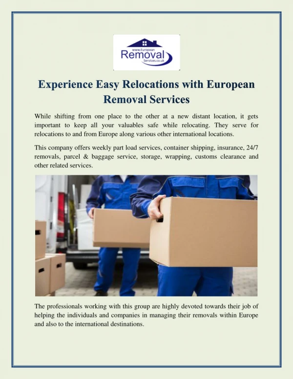 Experience Easy Relocations with European Removal Services