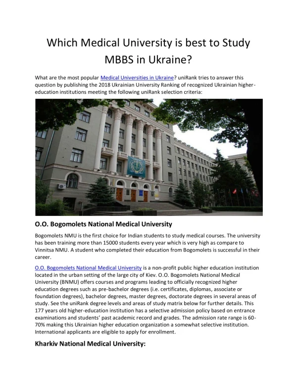Which Medical University is best to Study MBBS in Ukraine