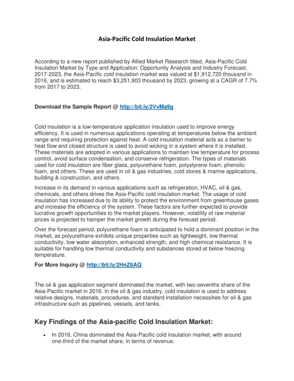Asia-Pacific Cold Insulation Market Expected to Reach $3,251,903 Thousand by 2023
