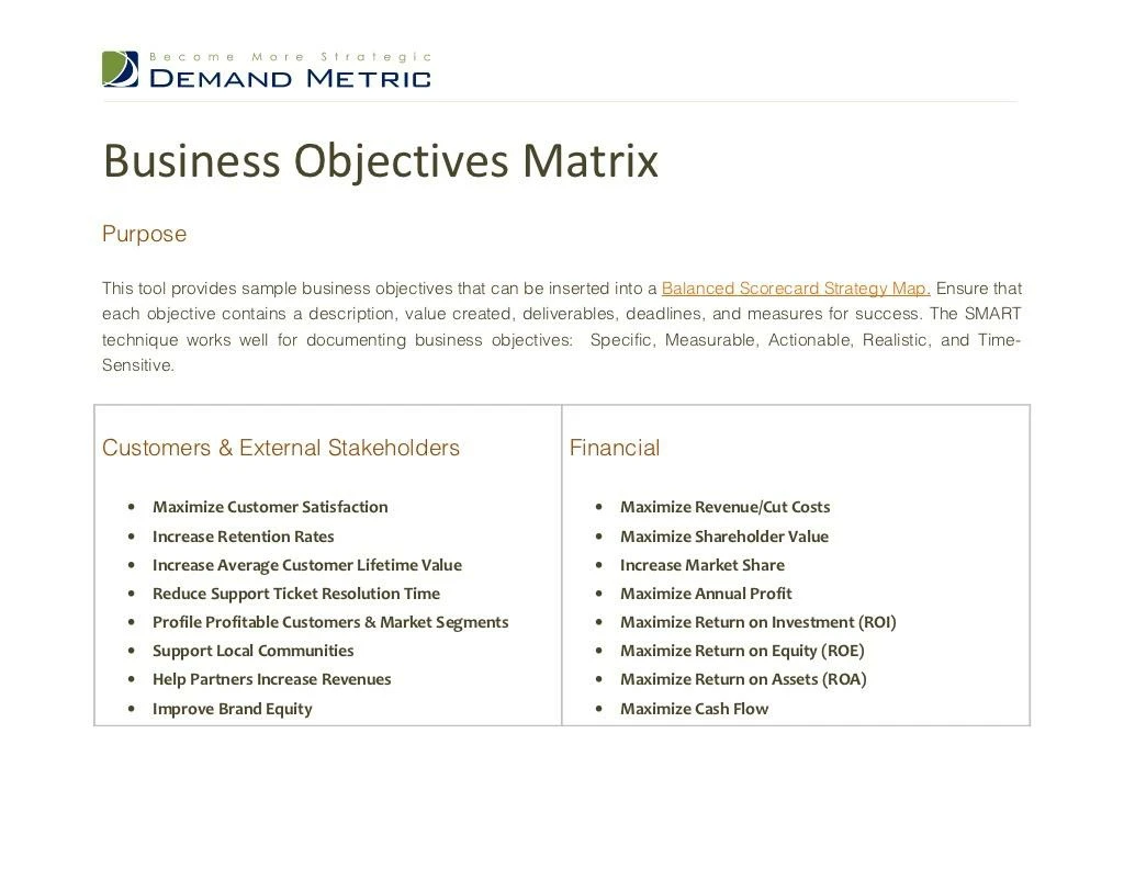 business objectives matrix