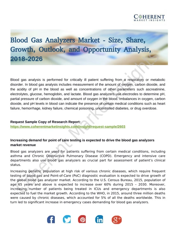 Blood Gas Analyzers Market to Reflect Steady Growth During 2018-2026