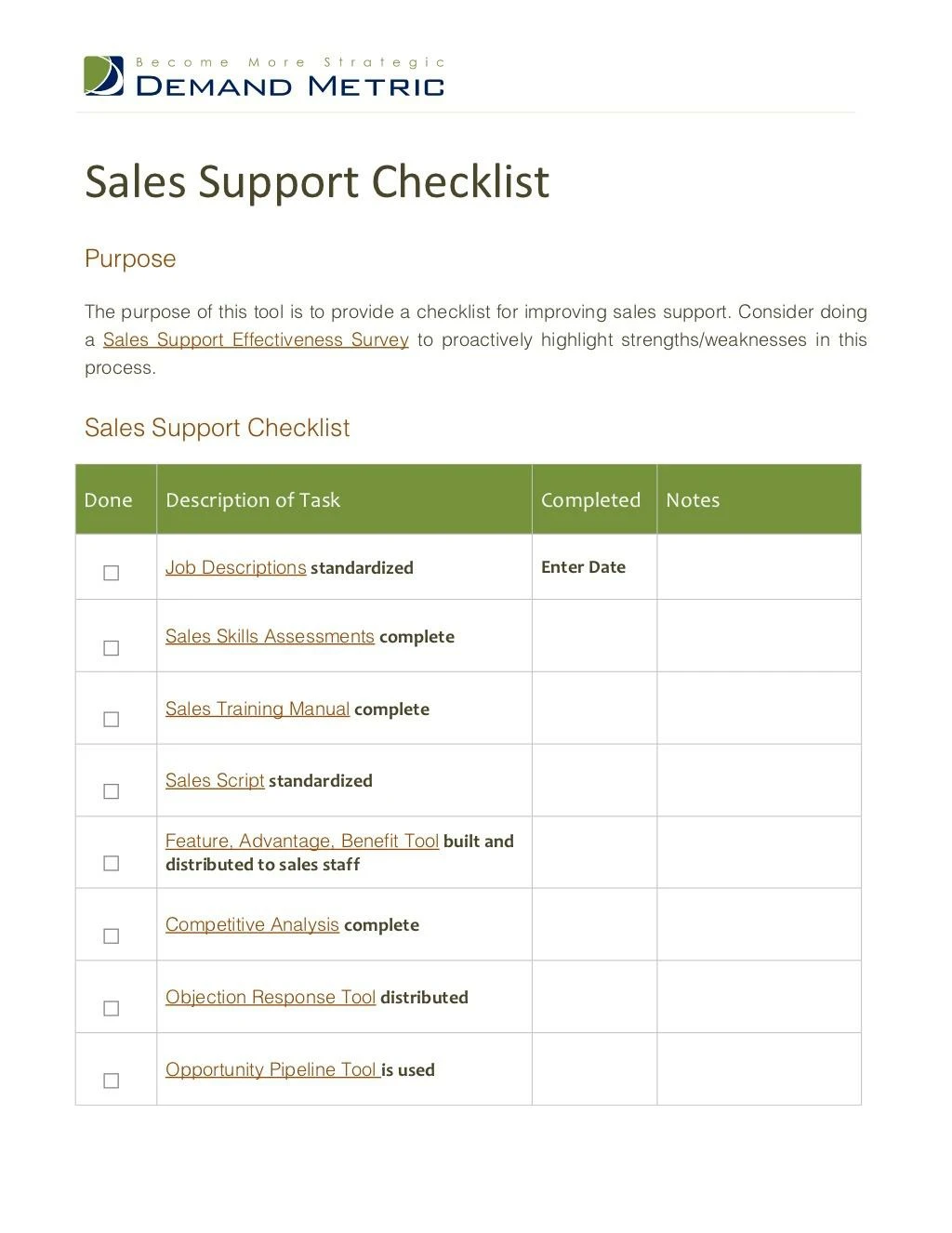 sales support checklist