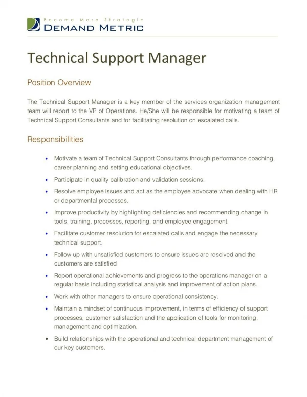 Manager Technical Support Job Description