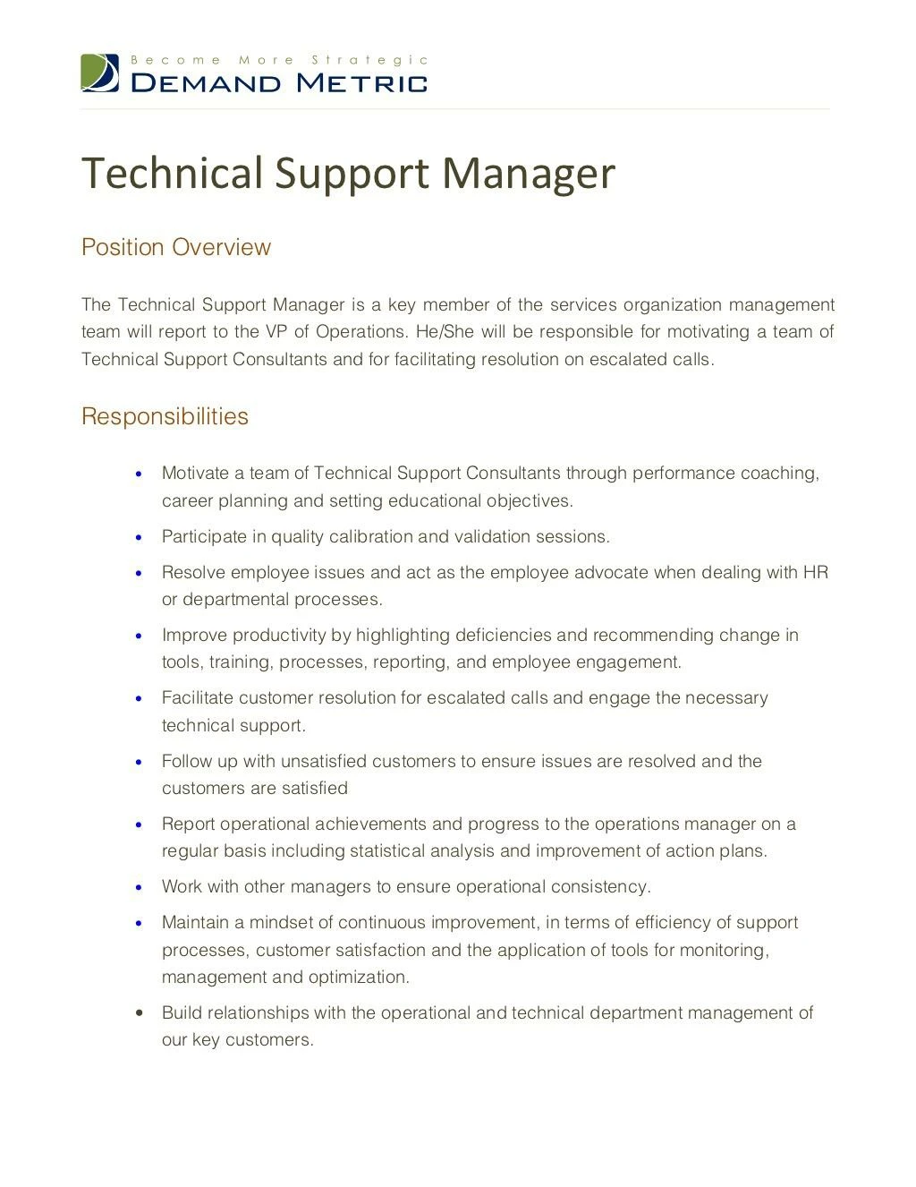 manager technical support job description