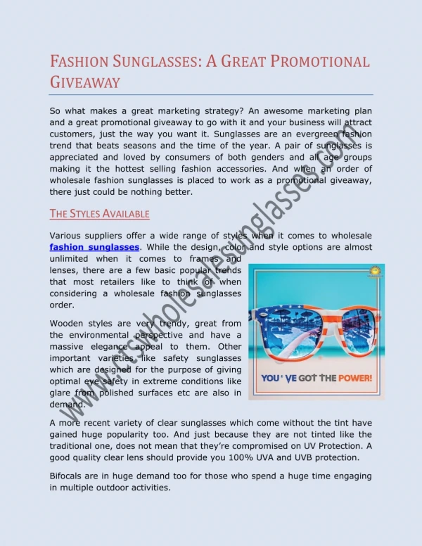 FASHION SUNGLASSES: A GREAT PROMOTIONAL GIVEAWAY