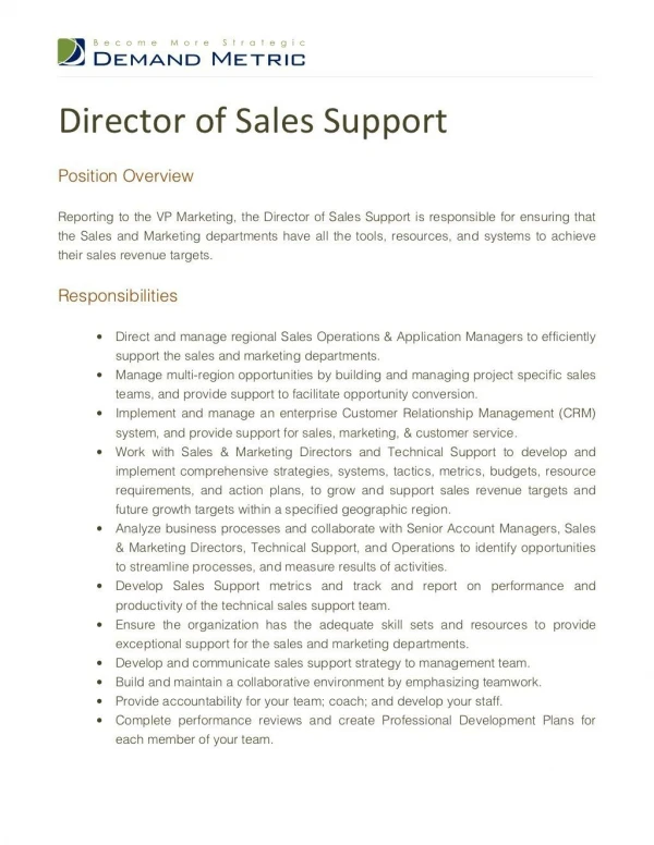 Director of Sales Support Job Description