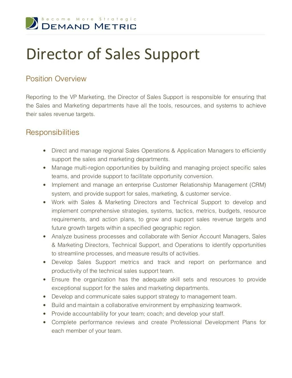director of sales support job description