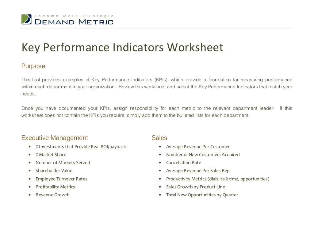 key performance indicators worksheet