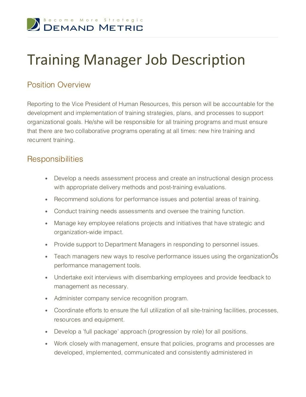 training manager job description
