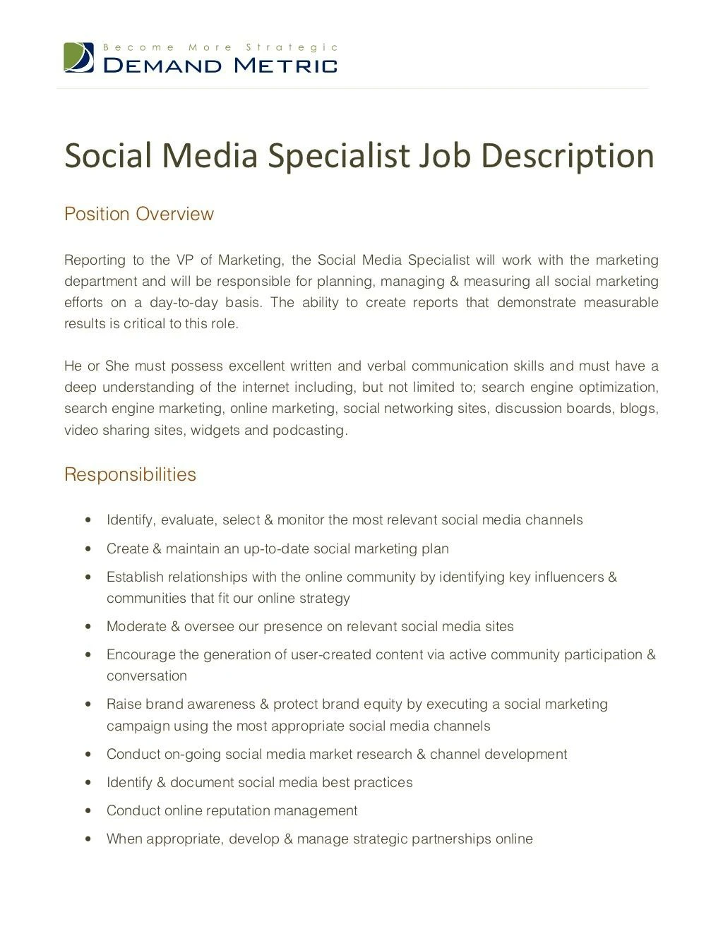 social media specialist job description