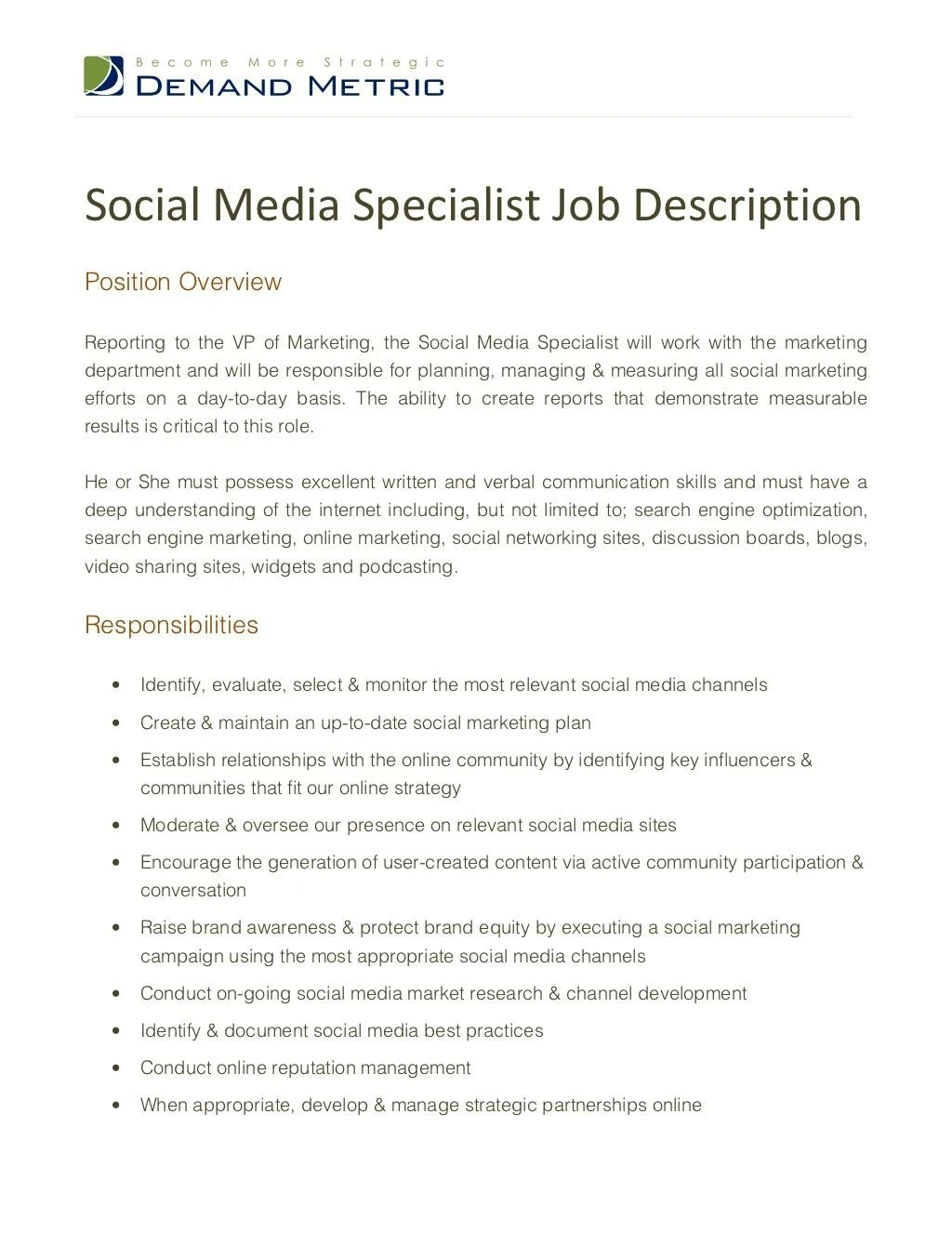 PPT Social Media Specialist Job Description PowerPoint Presentation 