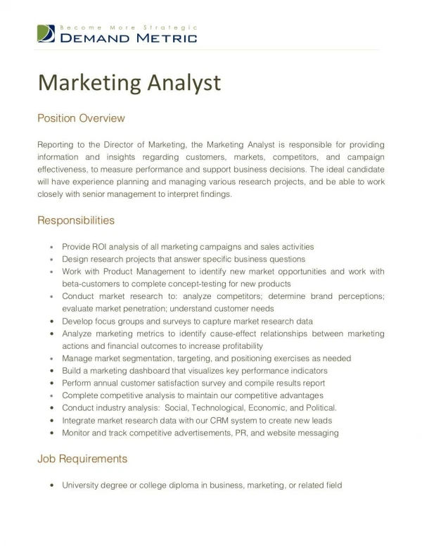 Marketing Analyst Job Description