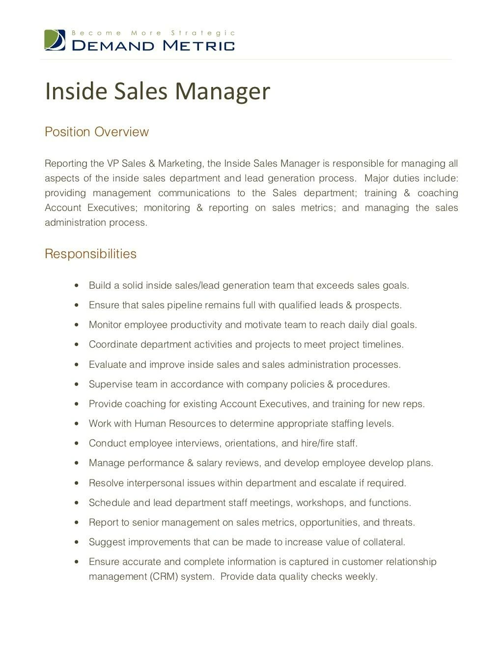 inside sales manager job description