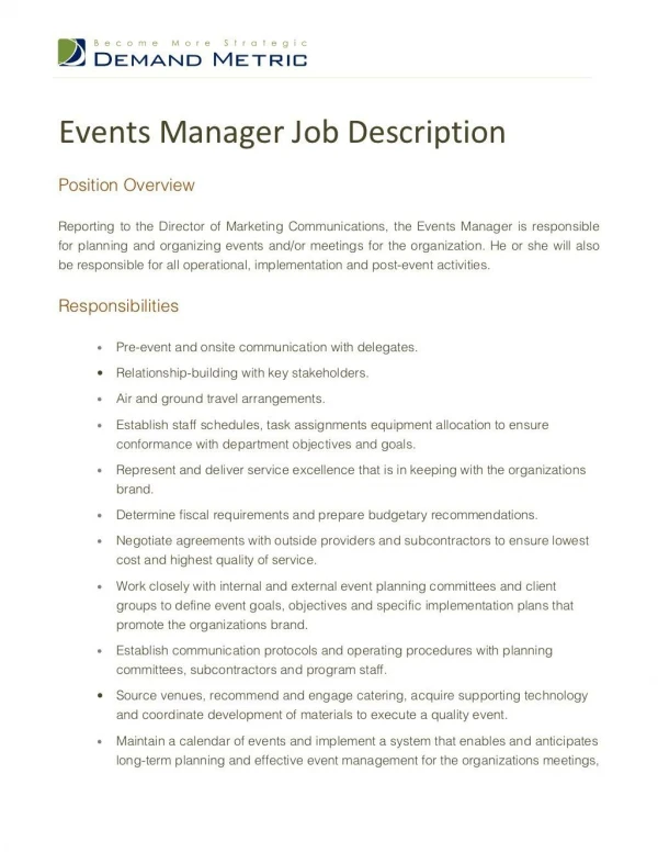 Events Manager Job Description