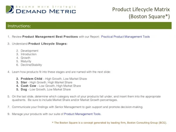 Product Lifecycle Matrix (Boston Square)
