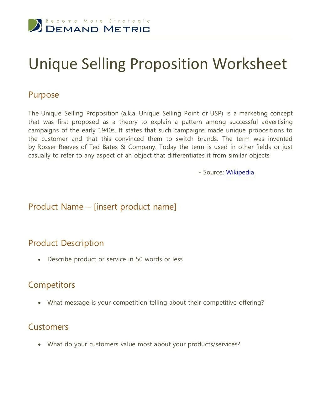 unique selling proposition worksheet