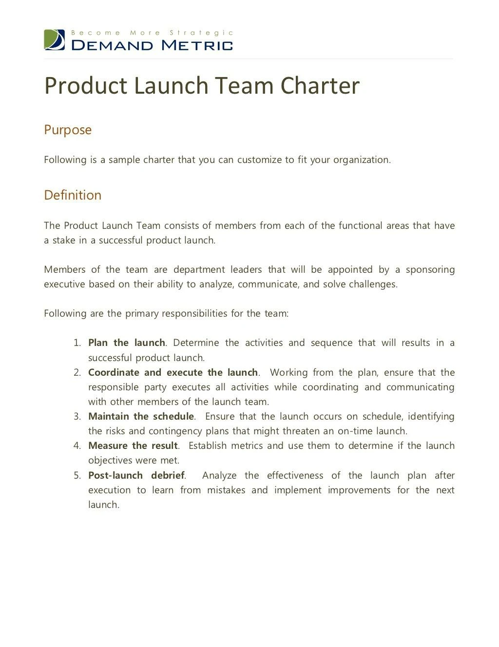 product launch team charter
