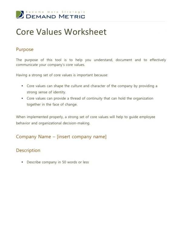 Core Values Worksheet