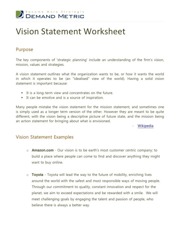 vision statement worksheet