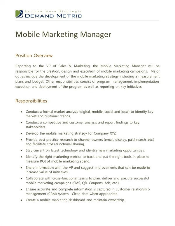 Mobile Marketing Manager Job Description