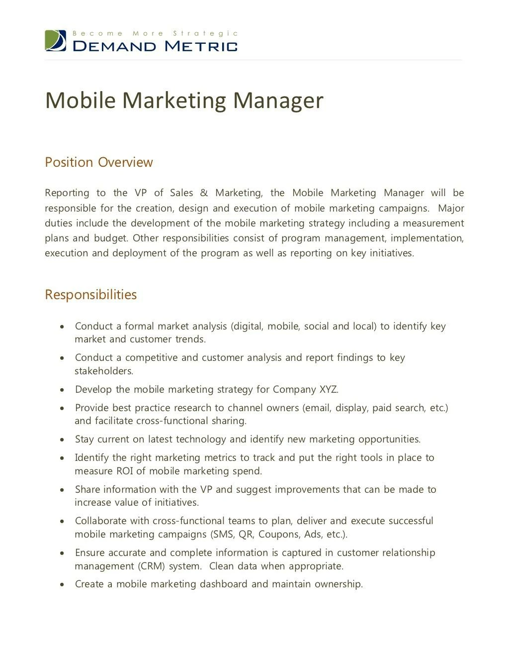 mobile marketing manager job description