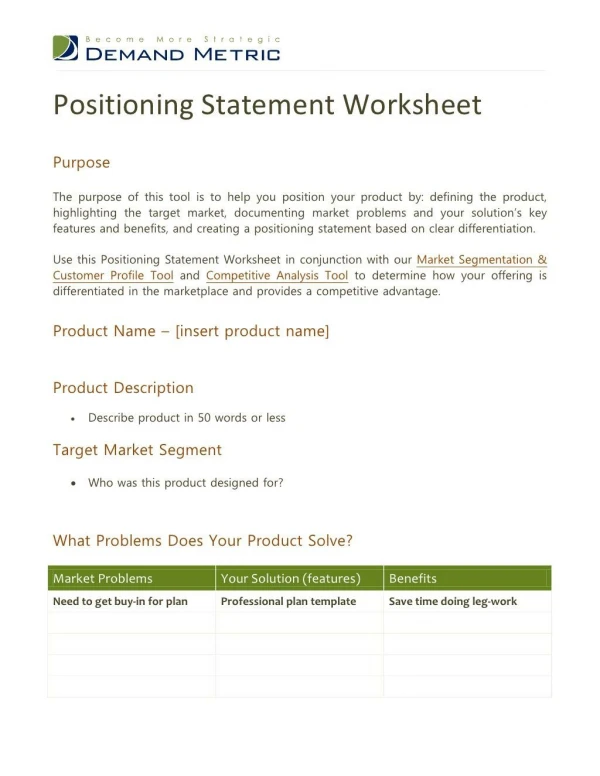 Positioning Statement Worksheet