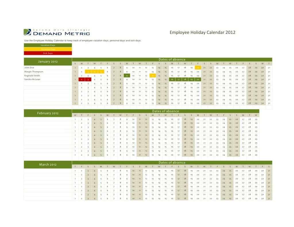 employee holiday calendar 2012