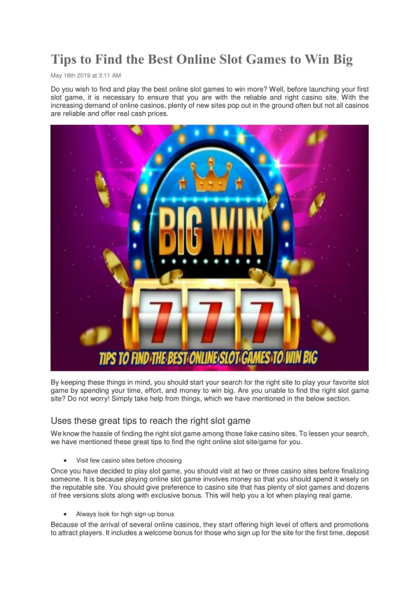 Tips to Find the Best Online Slot Games to Win Big