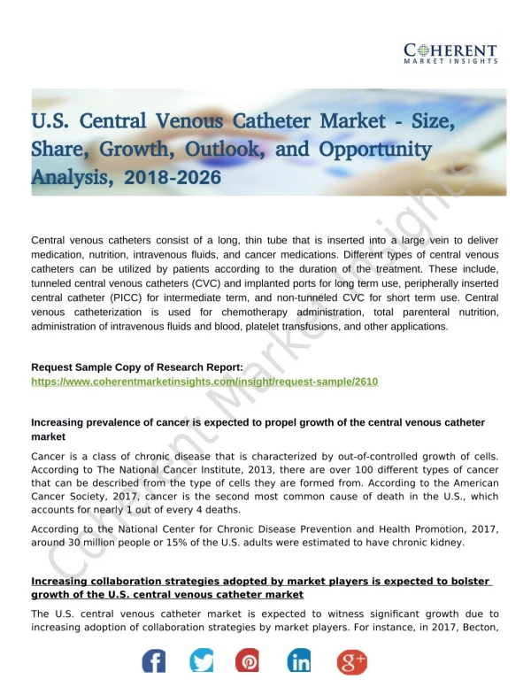 U.S. Central Venous Catheter Market Business Segmentation by Revenue, Market Landscape, Present Scenario and Growth Pros