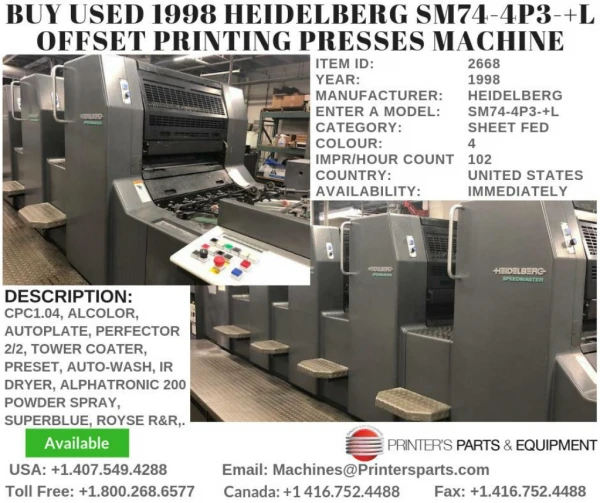Buy Used 1998 Heidelberg SM74-4P3- L Offset Printing Presses Machine