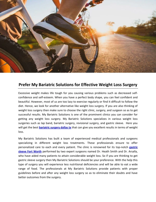 Prefer My Bariatric Solutions for Effective Weight Loss Surgery