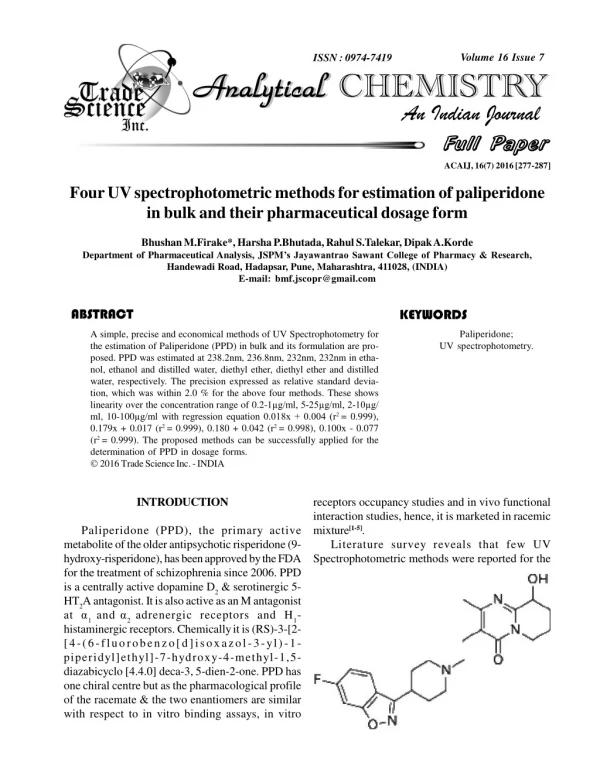 Four UV spectrophotometric methodsfor estimation of paliperidone in bulk and their pharmaceutical dosage form