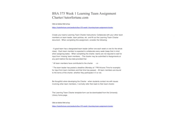 BSA 375 Week 1 Learning Team Assignment Charter//tutorfortune.com