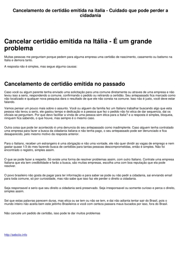 Cancelamento de certidão emitida na italia - Cuidado que pode perder a cidadania