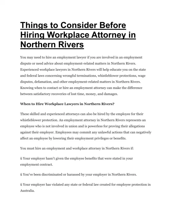 Things to Consider Before Hiring Workplace Attorney in Northern Rivers