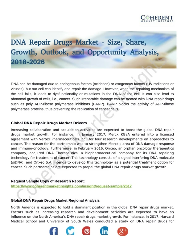 DNA Repair Drugs Market Size and Forecast up, 2018-2026: Coherent Market Insights