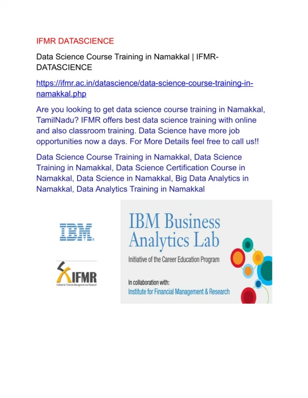Data Science Course Training in Namakkal | IFMR-DATASCIENCE