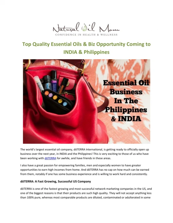 Top Quality Essential Oils & Biz Opportunity Coming to INDIA & Philippines