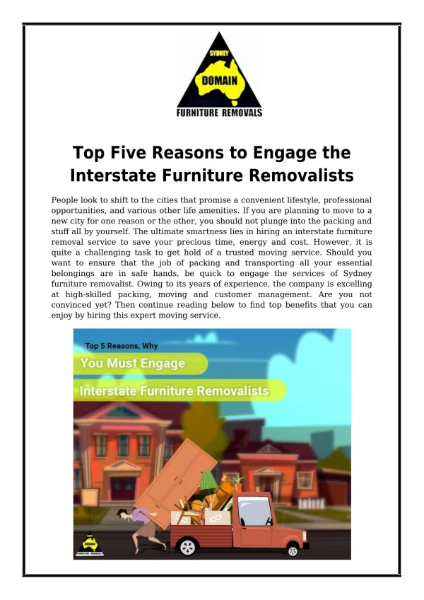 Top Five Reasons to Engage the Interstate Furniture Removalists