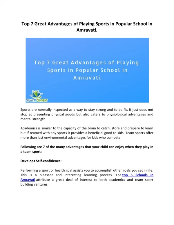 Top 7 Great Advantages of Playing Sports in Popular School in Amravati.