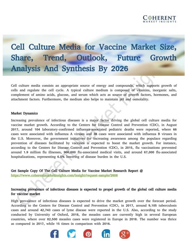 Cell Culture Media for Vaccine Market To Receive Overwhelming Hike In Revenues By 2026