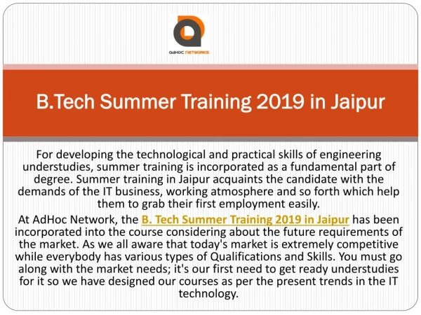 B.Tech Summer Training 2019 in Jaipur
