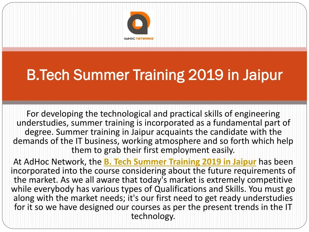 b tech summer training 2019 in jaipur