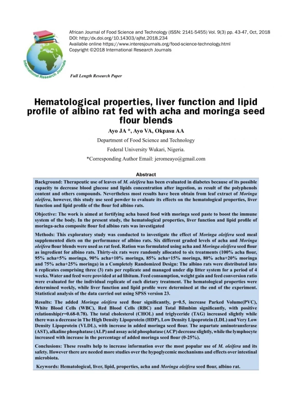 Hematological properties, liver function and lipid profile of albino rat fed with acha and moringa seed flour blends