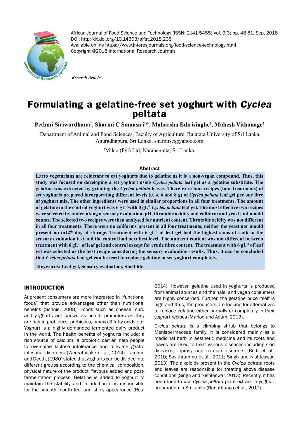 african journal of food science and technology