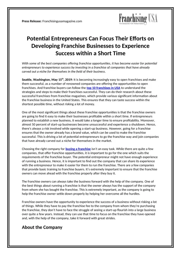 Potential Entrepreneurs Can Focus Their Efforts on Developing Franchise Businesses to Experience Success within a Short