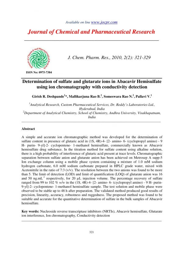 Determination of sulfate and glutarate ions in Abacavir Hemisulfate using ion chromatography with conductivity detection